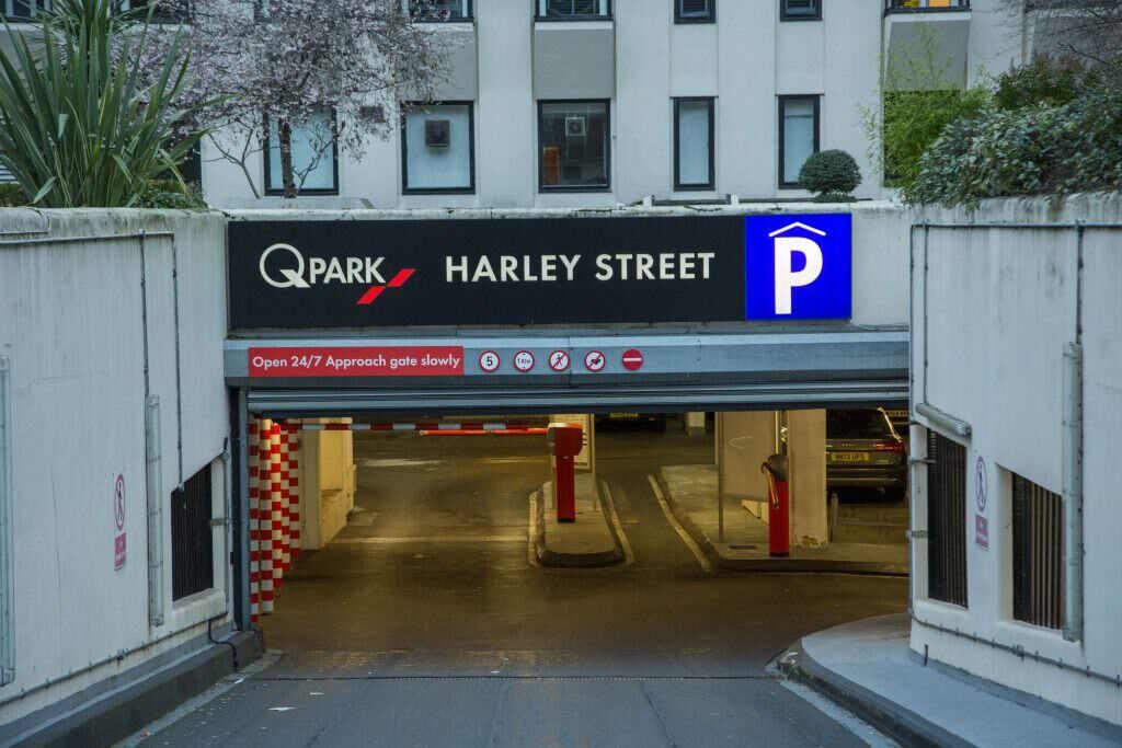 A photo of the exterior of the QPark parking in Harley Street, where the Vanguard Central London branch in located.