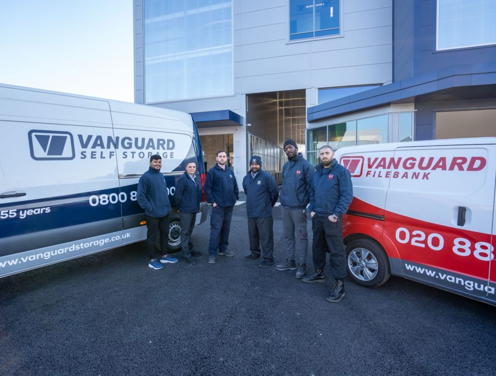 A photo showing a team of Vanguard employees outside the Vanguard Self Storage branch in Staples Corner.