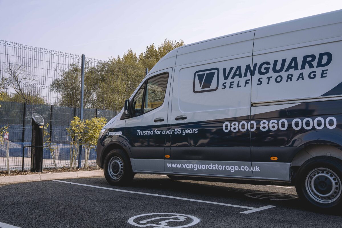 A photo showing a Vanguard e-van charging at one of the charging stations outside the Vanguard Self Storage branch in Staples Corner.