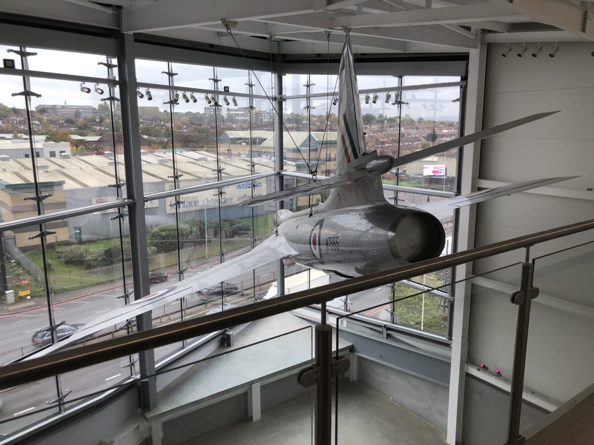 A photo showing the Hawker Hunter fighter jet hanging from the ceiling at the Vanguard self storage branch in Staples Corner.