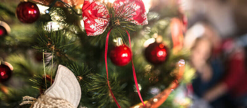 A close-up photo of some ornaments and baubles on a Christmas tree.