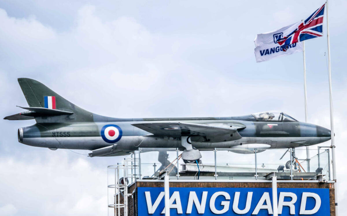A photo showing a Hawker hunter on the roof of the Vanguard Self Storage branch in West London.