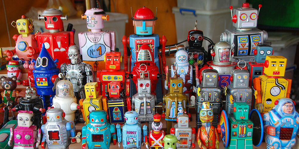 A photo showing some vintage robot toys collectibles.