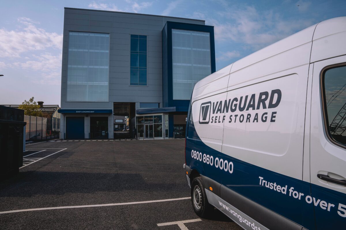 A photo showing the Vanguard van parked in front of the Vanguard Self Storage branch in Staples Corner.