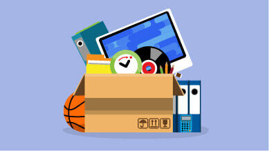 A graphic showing a box with many items inside, including a clock, a basketball and file folders.