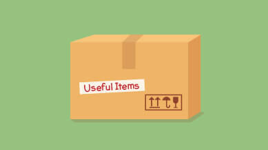 A graphic showing a cardboard box labelled as "Useful items" against a plain green background.