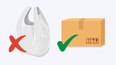 A graphic showing a plastic bag with a red cross next to it and a cardboard box with a green tick next to it.