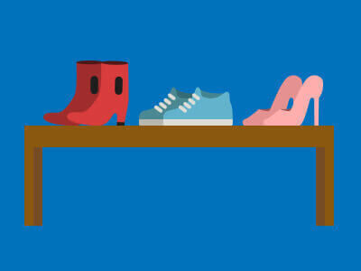 A graphic showing three pairs of shoes on a shoe rack.