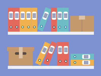 A graphic showing two shelves with binders and file organisers.