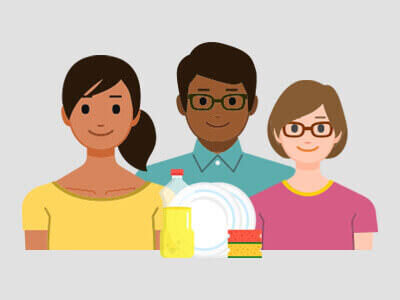 A graphic showing three people washing dishes.