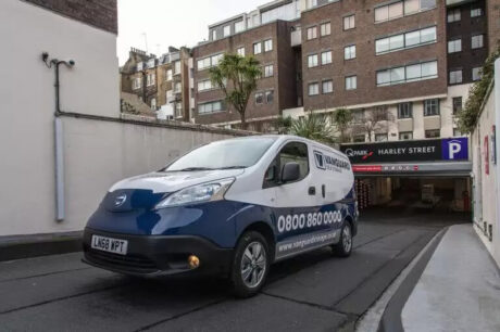 A photo showing the Vanguard van exiting the Vanguard Self Storage branch in Central London (W1).