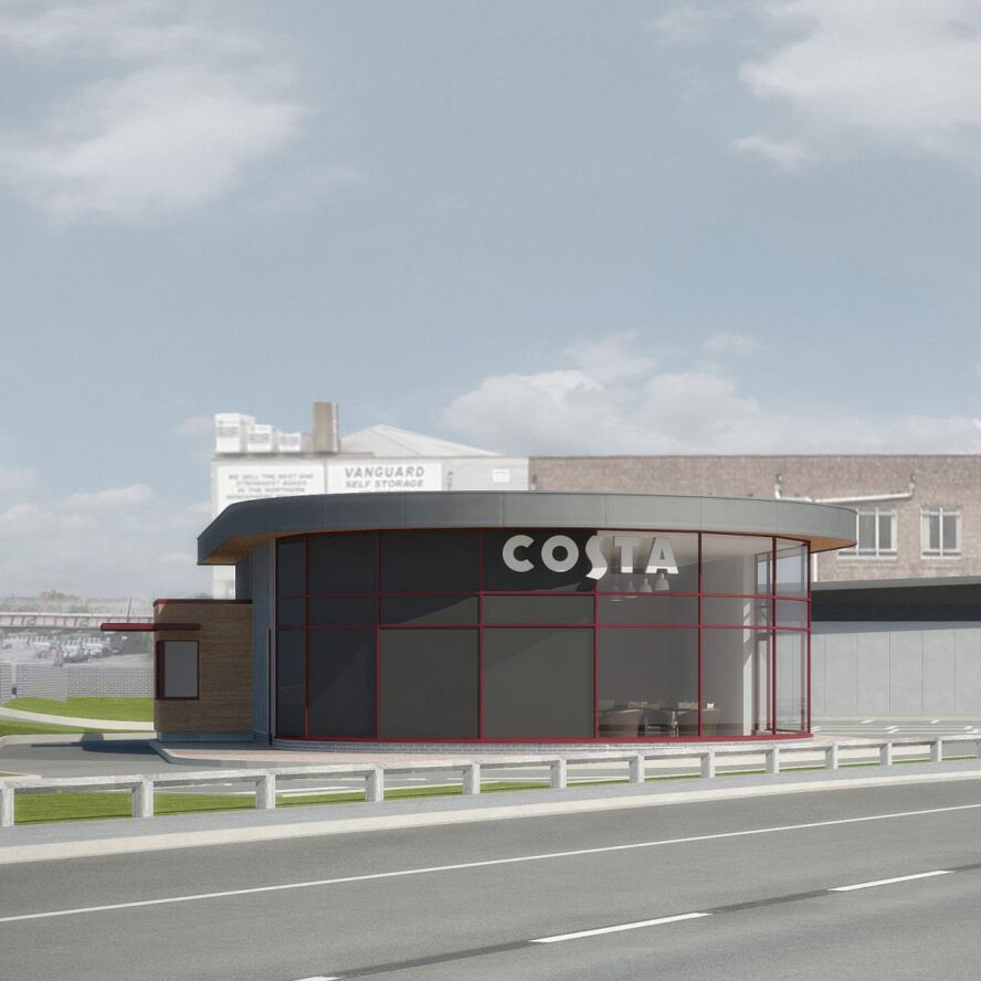 A graphic showing a Costa coffee shop near a motorway.