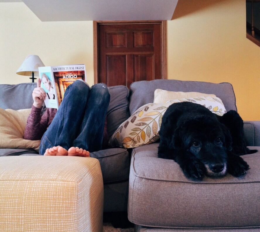 A photo showing a woman reading a magazine on the sofa with a dog laying next to her.